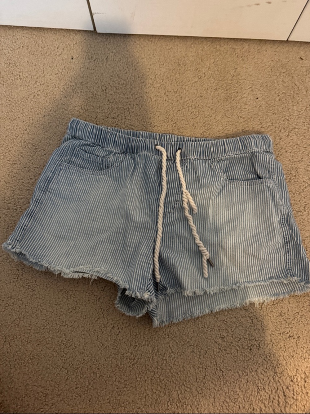 aerie small Light Blue Pinstripe Drawstring Jean Shorts with back pockets